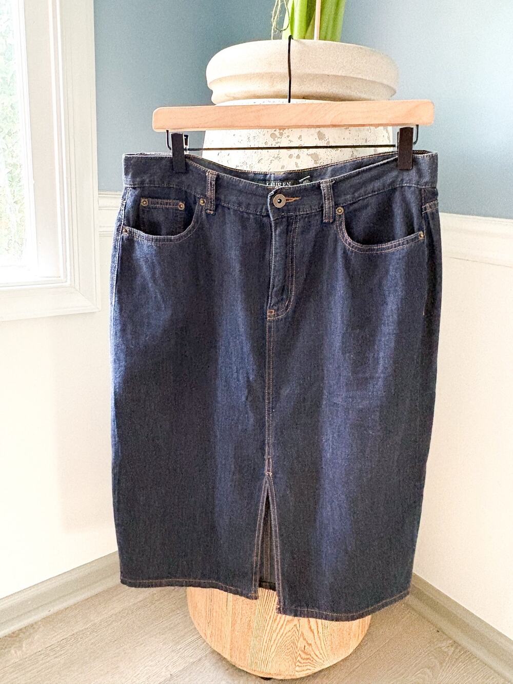 Lauren Ralph Lauren Split Front Denim Midi Skirt Size 8 Rinse Wash